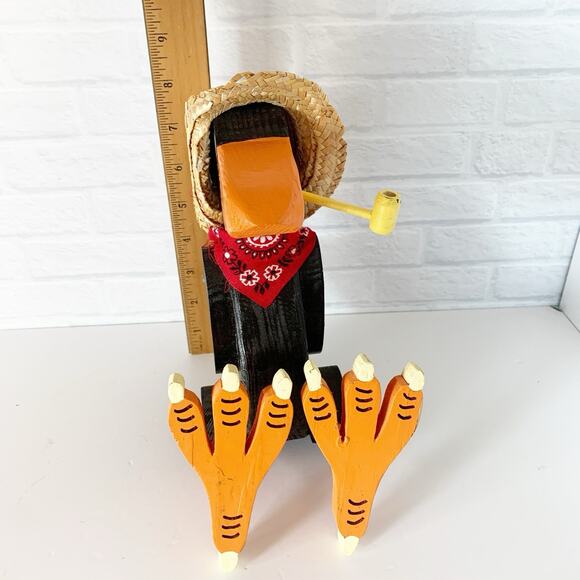 Primitive Black Crow Wood Shelf Sitter Figurine in Straw Hat Fall Pipe Folk Art - Picture 7 of 7